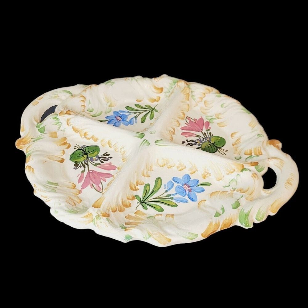 Vintage Italian Ceramic‎ Handpainted Floral Divided Serving Plate
